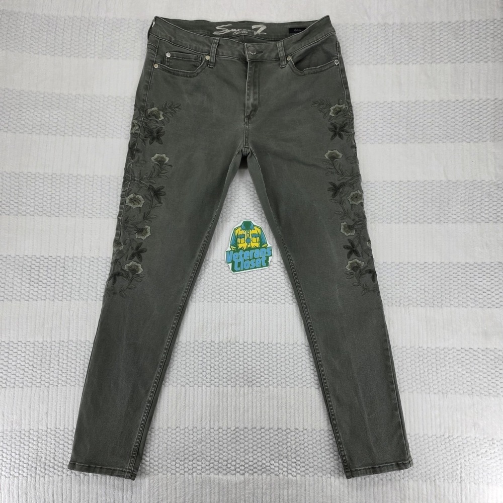 Seven7 Womens 14 Green Skinny Stretch Jeans Floral Embroidered Boho EUC
